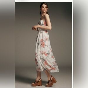 Anthropologie Somerset Strapless Chiffon Floral Dress - White and Pink